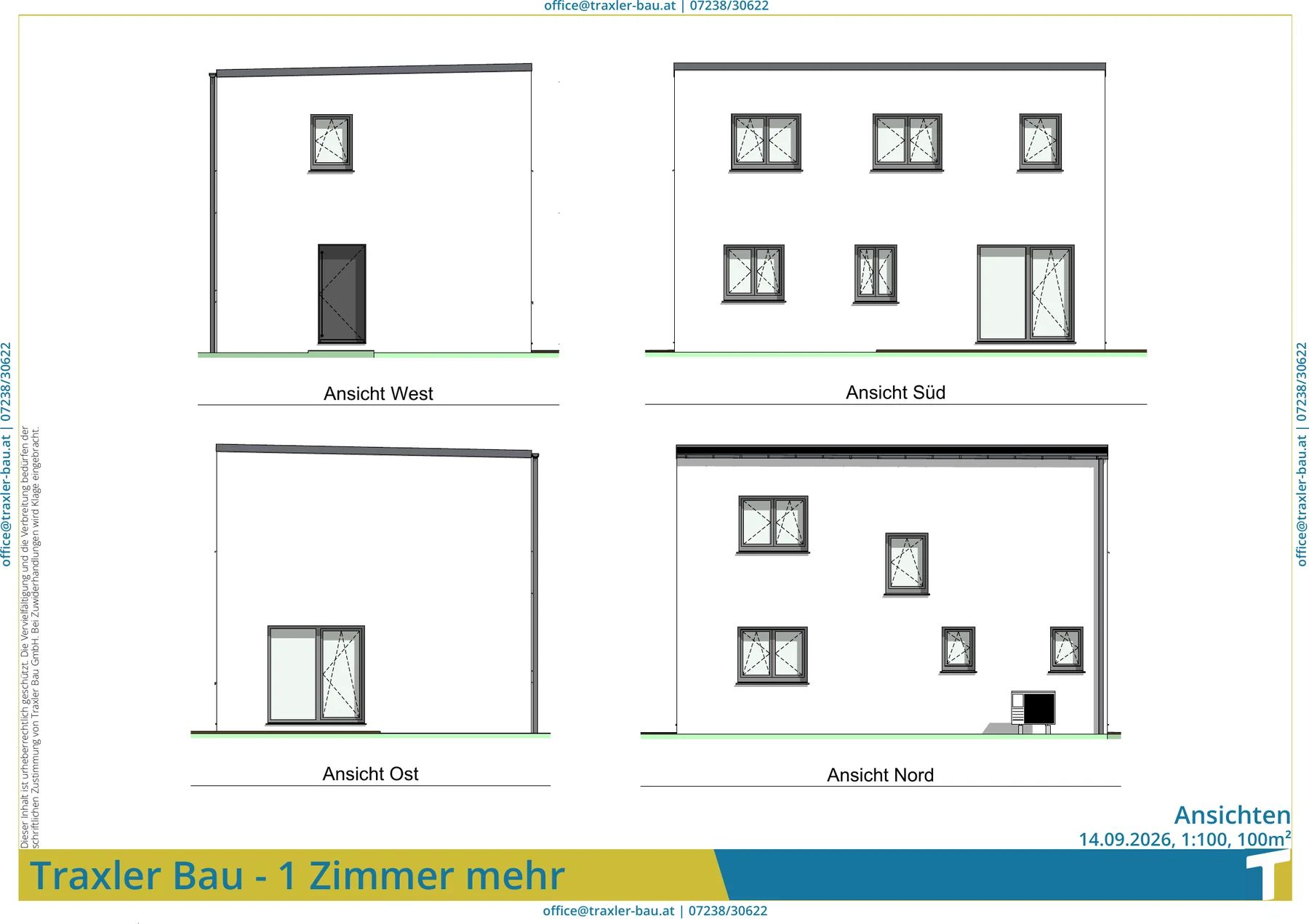 Ansichten von Norden, Osten, Süden und Westen: zweigeschoßiger Baukörper mit Flachdach, glatte Putzfassade, Fenster mit Sonnenschutzschächten