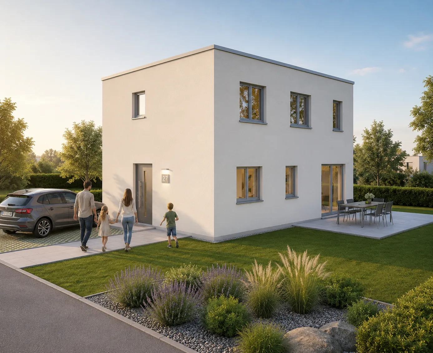 Kompaktes Wohnhaus mit Flachdach, eine Familie geht über den Vorplatz zur Haustür, Abendsonne