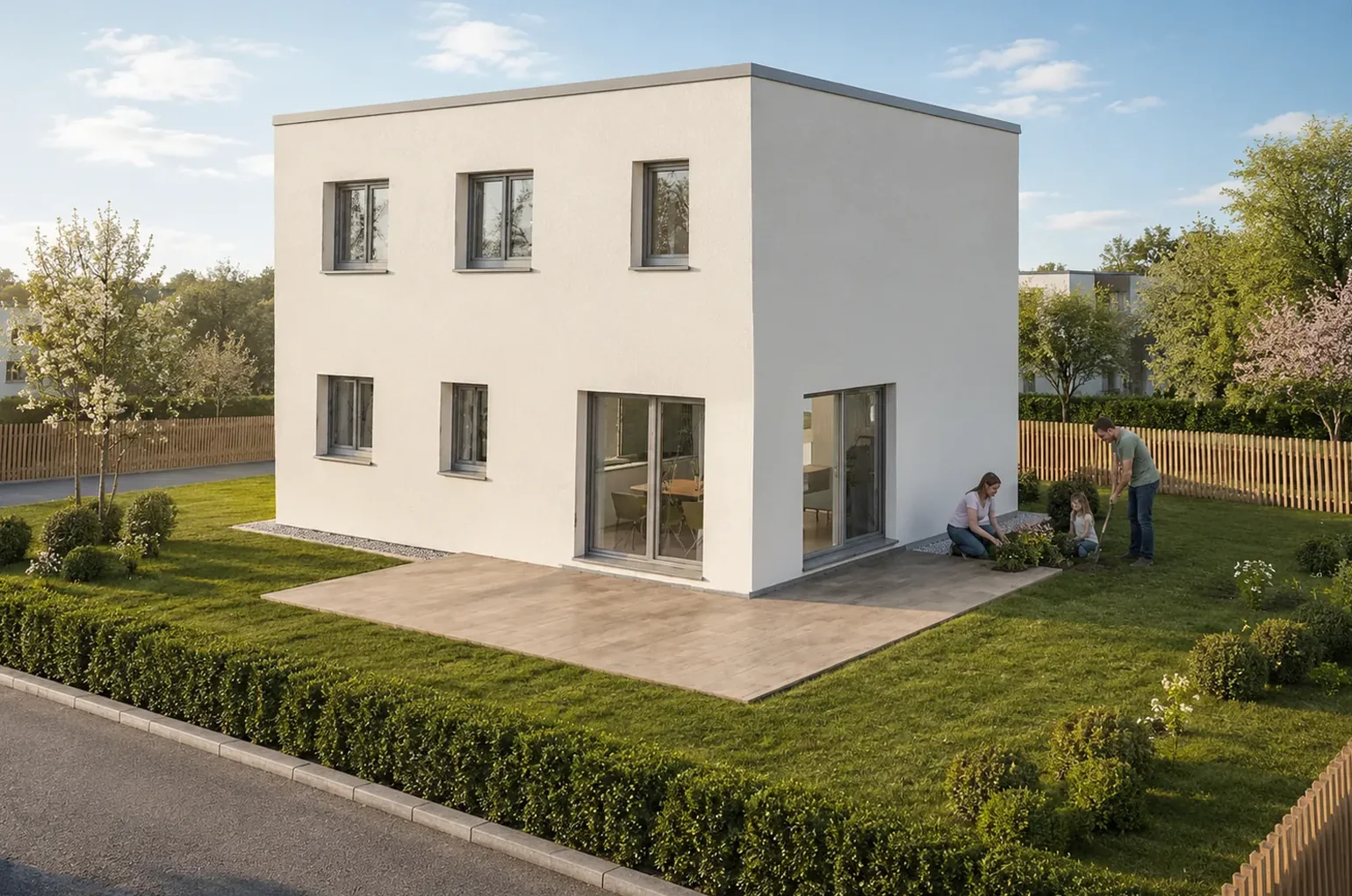 Dasselbe Wohnhaus von der Gartenseite, Familie beim Pflanzen im Frühling