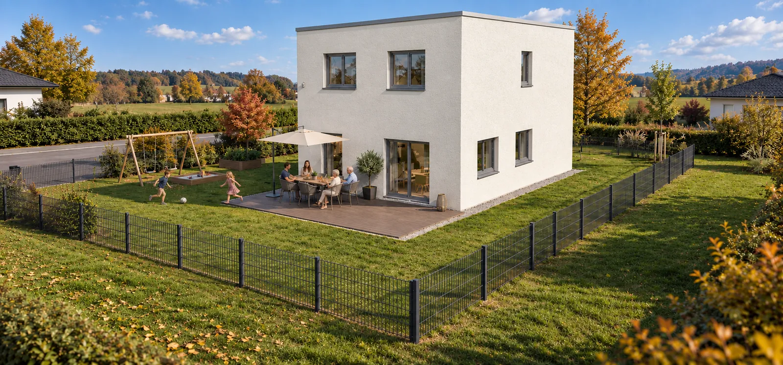 Wohnhaus mit Flachdach an einer Wohnstraße, Familie sitzt im Garten unter einem Sonnenschirm, Herbstlicht