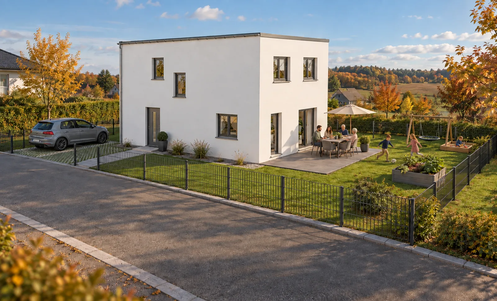 Dasselbe Wohnhaus von der Gartenseite, Familie am Esstisch auf der Terrasse, Abendsonne
