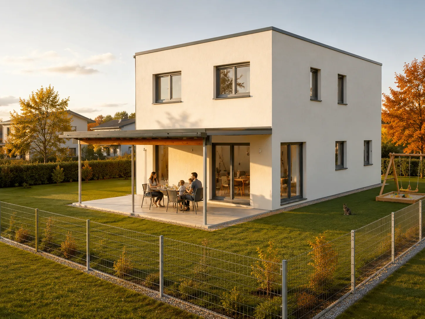 Wohnhaus mit Flachdach und überdachter Terrasse, eine Familie sitzt am Tisch, Abendsonne