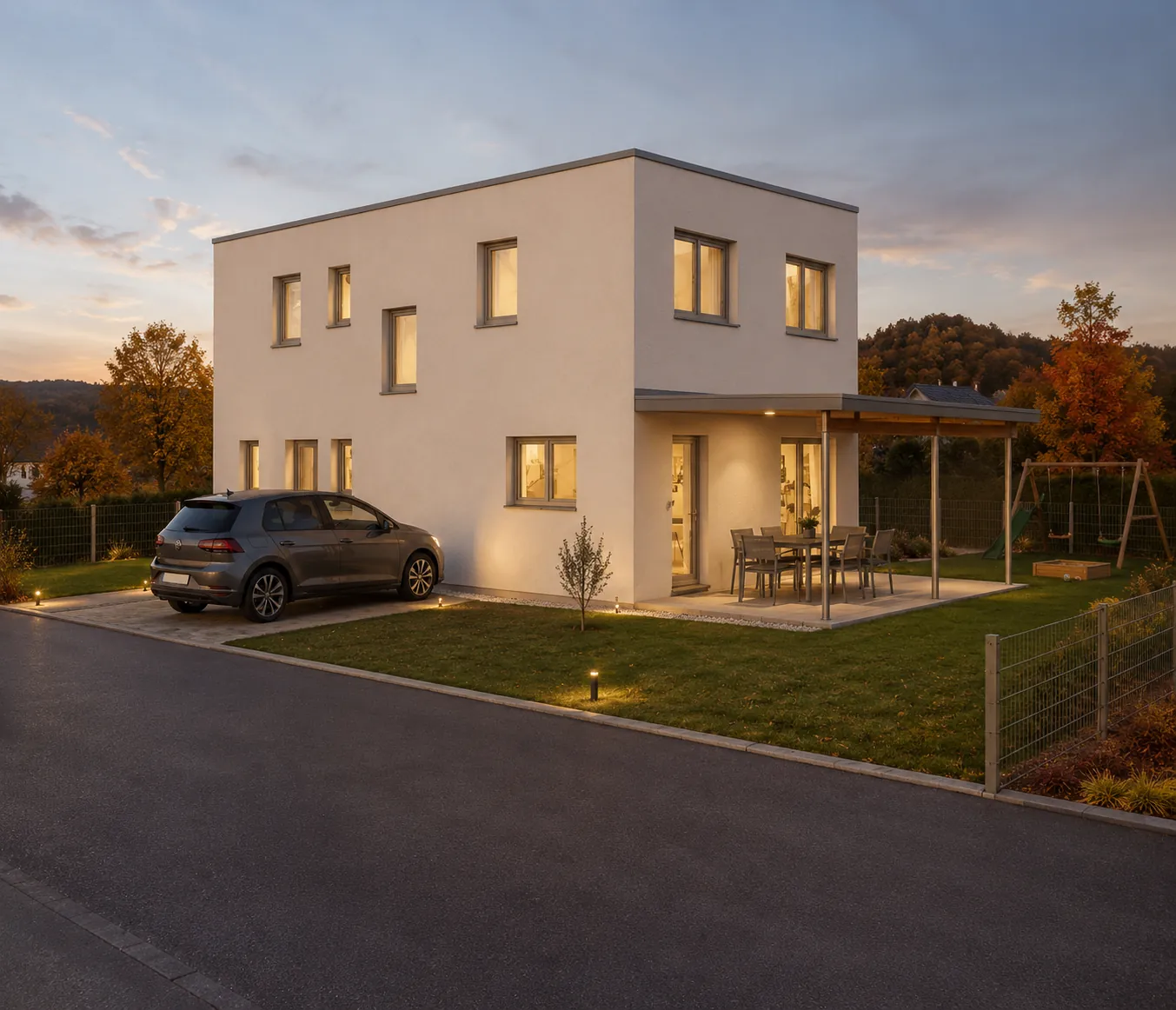 Dasselbe Wohnhaus von der Straßenseite in der Dämmerung, Fenster warm beleuchtet