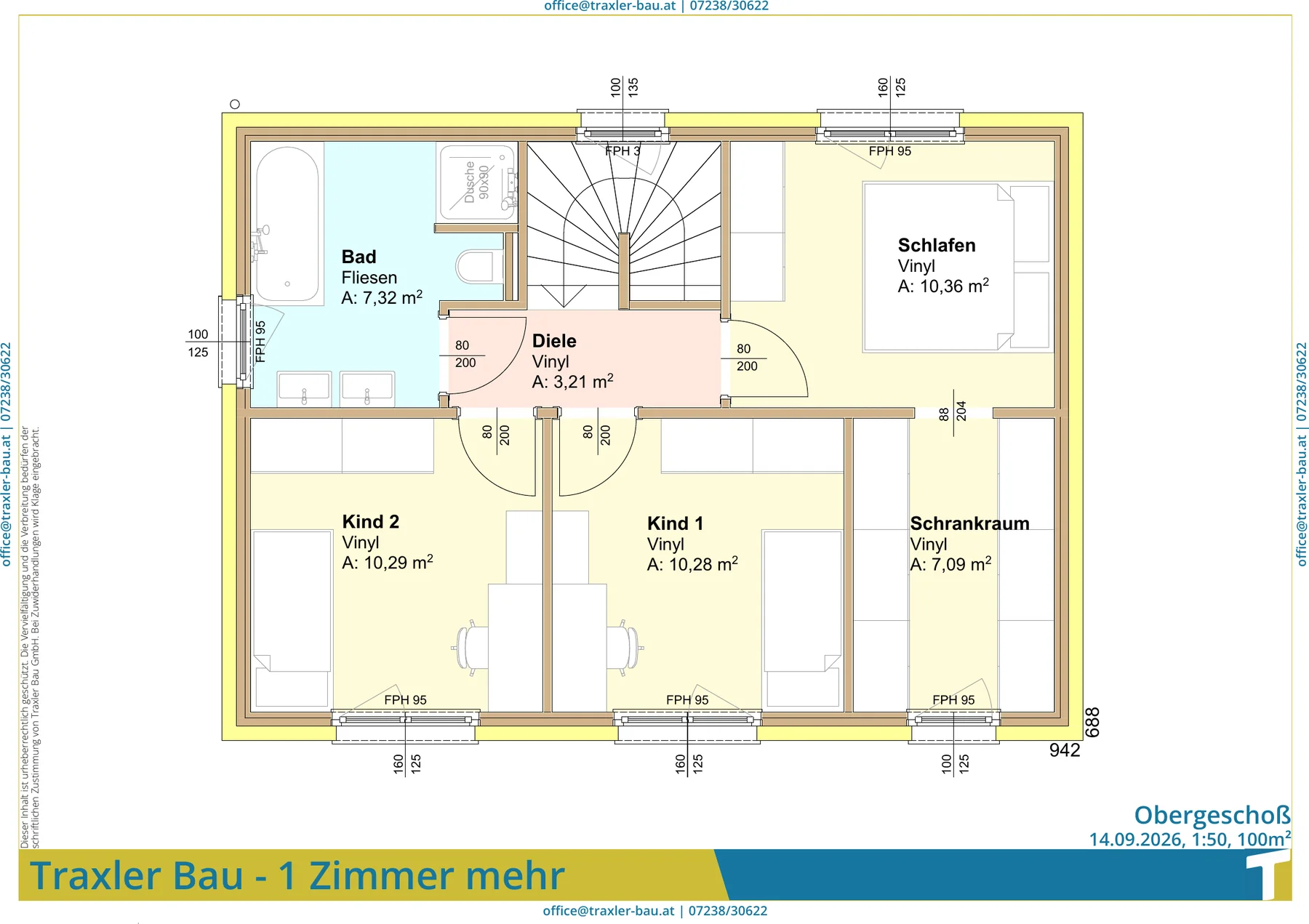 Grundriss Obergeschoß: Schlafzimmer, Schrankraum, zwei Kinderzimmer, Bad mit Wanne und Dusche, Diele