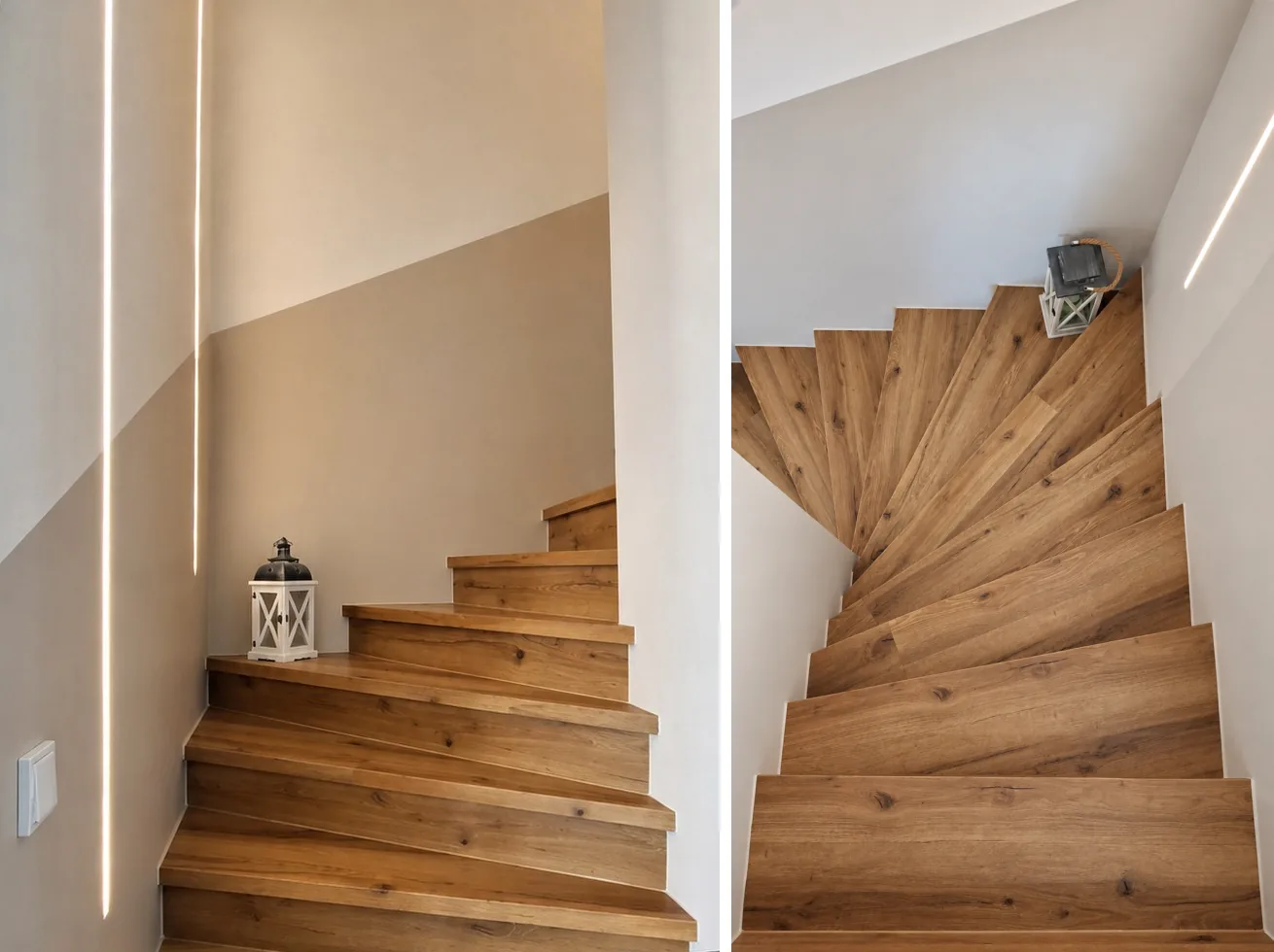 Gewendelte Holztreppe in Asten, links von unten mit den eingebauten LED-Lichtlinien, rechts von oben