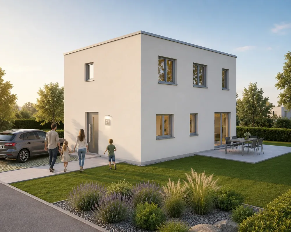 Kompaktes Wohnhaus mit Flachdach, eine Familie geht zur Haustür
