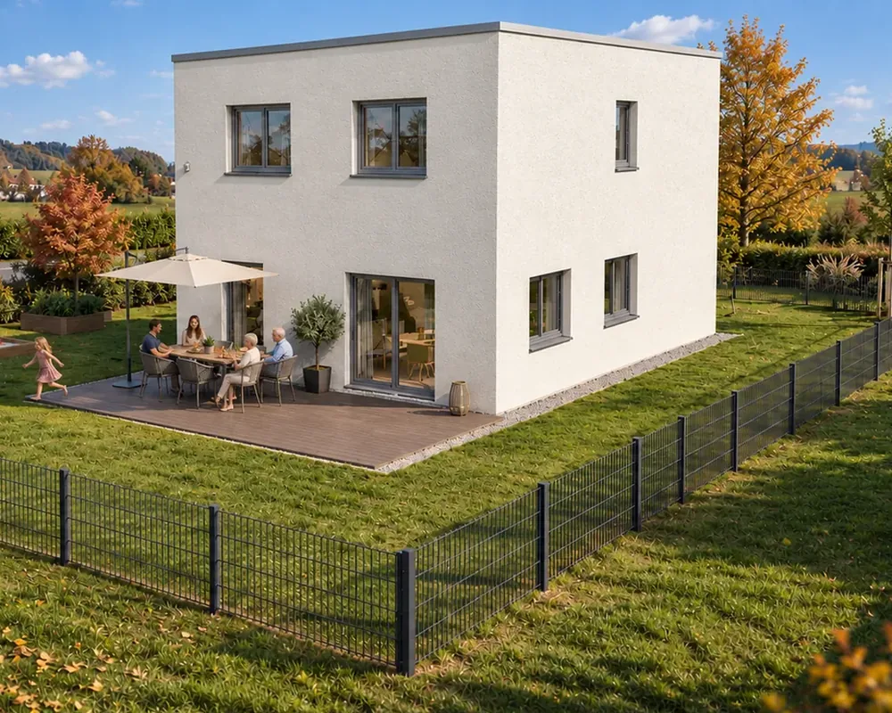 Wohnhaus mit Flachdach an einer Wohnstraße, Familie im Garten