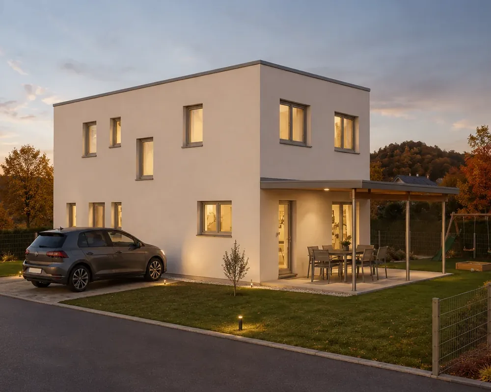 Wohnhaus mit Flachdach und überdachter Terrasse, eine Familie sitzt am Tisch, Abendsonne